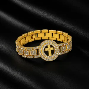 Bracelet croix rotatif en or hip hop pour homme bijoux de chaîne de montre strass