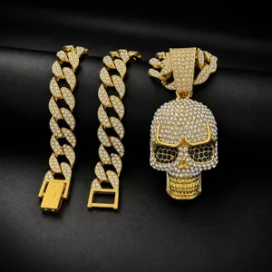 Men hip hop rhinestone skull pendant necklace set with cuban link chains in gold color.