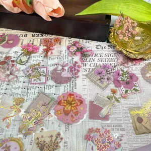 Gold-stamped PET floral journal stickers detail, transparent waterproof DIY decorative pack.