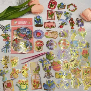Gold-stamped tulip PET sticker pack waterproof transparent decorative scrapbooking decals