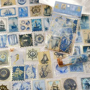 50pcs vintage blue nautical stamp stickers hot stamping transparent waterproof PET journal DIY pack