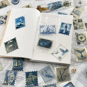Detail view of retro blue nautical foil sticker pack, waterproof PET material for DIY journals.