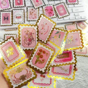 Pink gold stamping postage stamp stickers waterproof PET journaling DIY decorative material pack