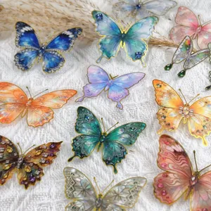 Waterproof transparent PET butterfly stickers with gold foil for journal DIY decor.