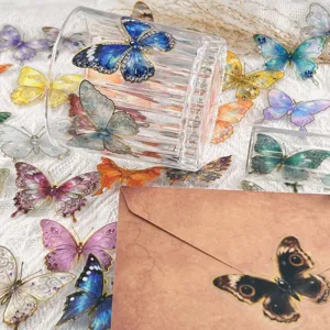 Transparent PET gold foil butterfly stickers set for journaling, waterproof DIY decorative art.