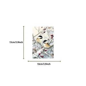 Detailed view of winter snow bird watercolor postcard, perfect for cozy room wall decor.