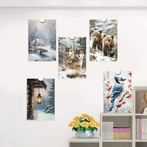 Winter atmosphere wall art cards set, showcasing snowy landscapes and animals for room decor.