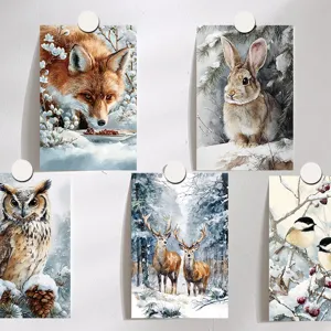 Winter animal art prints detail showing watercolor style fox rabbit and deer wall decor cards