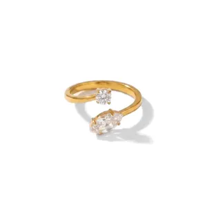 Close-up detail of the elegant double stone open ring with marquise and round zirconia.
