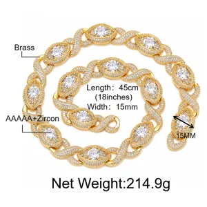 Herren Hip Hop Zirkon Auge Kette Gold Messing Schmuck 45cm 15mm schweres Gold Collier