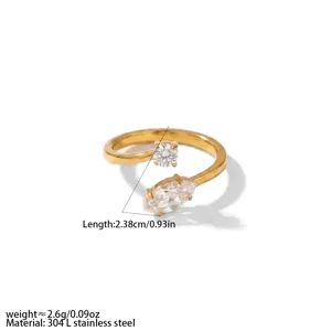 Adjustable double stone ring in 304L stainless steel with cubic zirconia for daily wear.