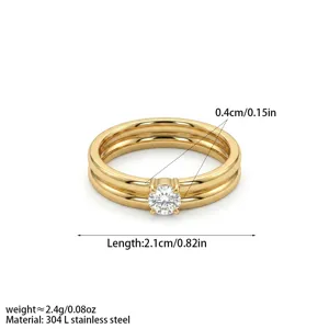 Detailed view of french double layer ring with sparkling single diamond, 304L stainless steel.