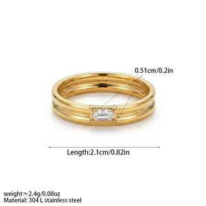 French layered stackable ring with baguette diamond accent minimalist stainless steel jewelry