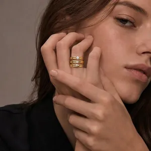 French Layered Design Stainless Steel Zirconia Ring For Women Light Luxury Minimalist Gold Plated Geometric Solitaire Stackable Commuting Jewelry