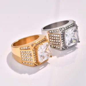 Men luxury stainless steel big square zircon paved ring hip hop fashion jewelry accessory.