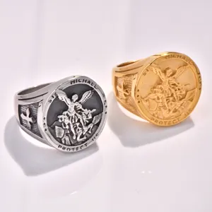 Men stainless steel St Michael ring religious vintage biker angel signet jewelry gift