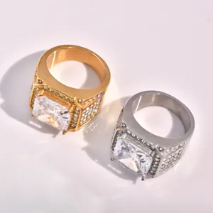 Men stainless steel gold silver iced out ring with large square zircon luxury jewelry