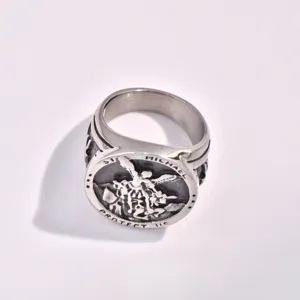 Men vintage stainless steel St Michael archangel ring religious signet ring jewelry piece