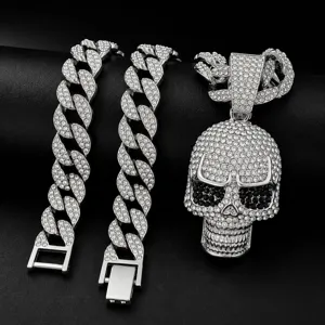 Men iced out rhinestone skull pendant cuban chain necklace hip hop retro street jewelry detail
