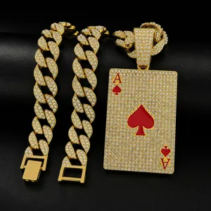 Collar de cadena cubana con colgante de as de poker circón dorado estilo hip hop