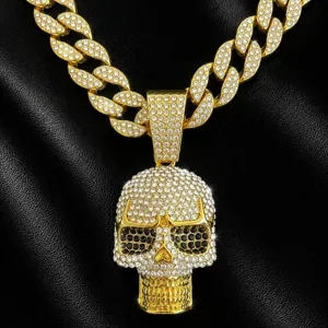 Gold Iced Out Skull Pendant Cuban Link Necklace Hip Hop Streetwear Men Jewelry Detail