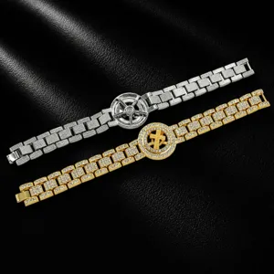 Bracelet croix rotatif style hip-hop pour homme, chaîne en strass argentée et dorée.