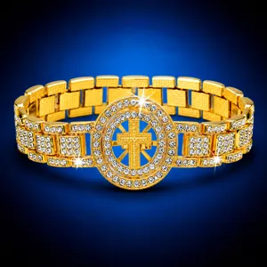 Bracelet Croix Rotative en Alliage Incrusté de Strass Hip Hop pour Hommes Mode Chaîne à Maillons Carrés Style Montre Bijoux de Main Fête