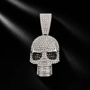 Close-up detail of a hip-hop rhinestone skull pendant, stylish street style accessory.