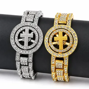 Bracelet croix rotative strass hip-hop homme, ensemble bijoux mode argent et or luxe.