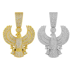 Collier pendentif aigle égyptien hip-hop, bijoux homme strass alliage doré et argenté.