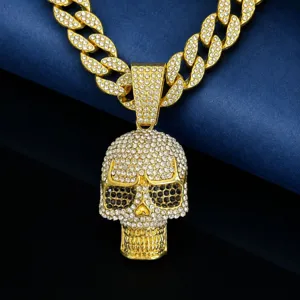 Iced Out Skull Pendant Necklace For Men Hip Hop Retro Alloy Rhinestone Skeleton Head Pendant With Cuban Link Chain Streetwear Jewelry