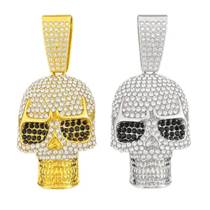 Men's hip hop rhinestone skull pendant necklace, gold and silver alloy fashion jewelry.