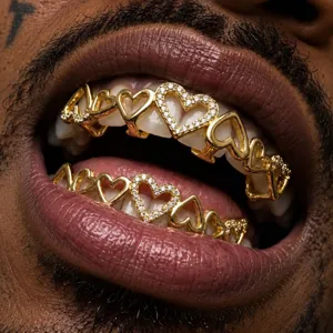 Gold-plated heart shaped grillz hip hop teeth jewelry with cubic zirconia for men and women