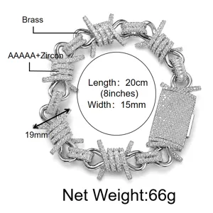 Hip hop punk style barbed wire bracelet with AAAAA zircon, brass material, 20cm length.
