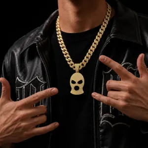 Hip hop ski mask pendant necklace with full rhinestone encrusted thick cuban chain for men.