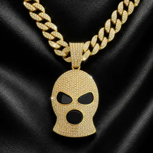 Men hip-hop gold ski mask pendant necklace full rhinestone cuban chain fashion jewelry