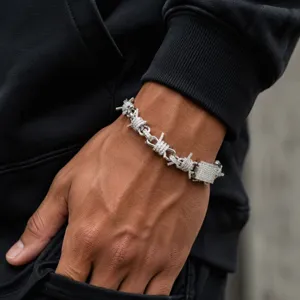 Hip hop punk style iced out barbed wire chain bracelet with full rhinestones for men jewelry.
