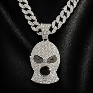 Iced out ski mask pendant necklace hip hop cuban link chain rhinestone jewelry men