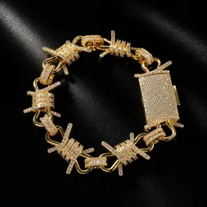 Men gold barbed wire chain bracelet hip hop punk full rhinestones iced out statement jewelry