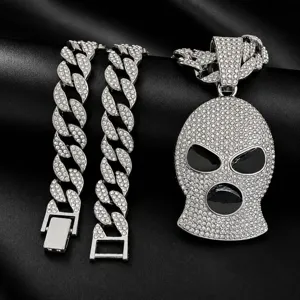 Iced Out Ski Mask Pendant Necklace For Men Hip Hop Rhinestone Cuban Link Chain Jewelry