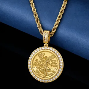 Hip Hop Koper Strass Centavo Munt Hanger Halsketting Rond Engel Medaillon Gedraaide Ketting Sieraden voor Mannen