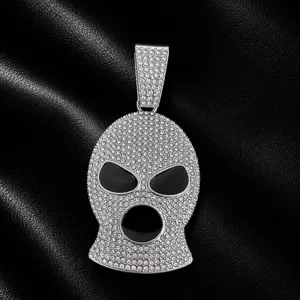 Hip-hop full rhinestone ski mask pendant, iced out balaclava charm necklace detail closeup.
