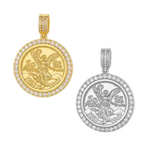 Mexicaanse 50 Pesos engel gouden munt hanger ketting zirkonia stenen, hiphop sieraden hoofdaanzicht.