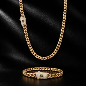14K Gold Stainless Steel Cuban Link Chain Necklace and Bracelet Set with Zircon Clasp.
