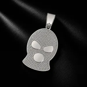 Detailed closeup of hip hop iced out balaclava ski mask pendant featuring brilliant pave stones silver.