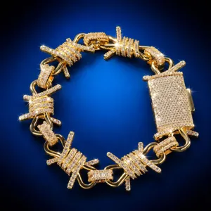 Hip Hop Copper Rhinestone Bramble Chain Bracelet For Men Punk Iced Out Geometric Barbed Wire Hollow Link Bracelet Streetwear Jewelry
