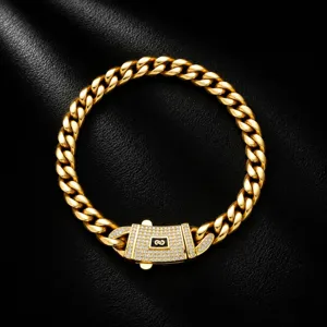 14K Gold Stainless Steel Cuban Link Necklace 6mm Men Paved Zirconia Lock Clasp Chain Jewelry