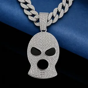 Hip Hop Iced Out Ski Mask Pendant Necklace Men Fully Rhinestone Inlaid Balaclava Pendant Cuban Chain Alloy Necklace Jewelry
