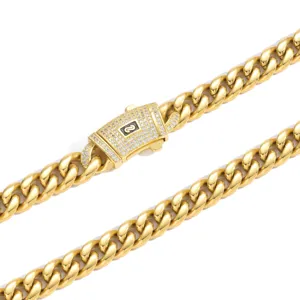 Men 14K Gold Stainless Steel Cuban Link Chain Necklace with Sparkling Zircon Clasp Main