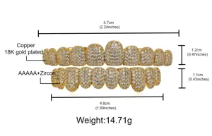 Hip hop 10-tooth grillz detail spec chart, 18K gold plated copper with sparkling zircon stones.
